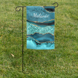 Teal Blue Gold Turquoise Custom Name Garden Flag