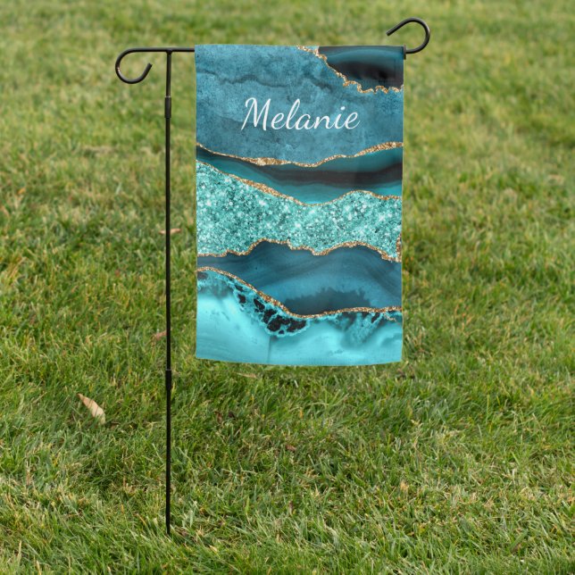 Teal Blue Gold Turquoise Custom Name Garden Flag (In SItu)