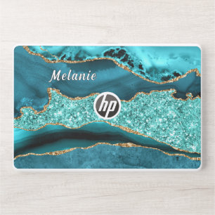 Teal Blue Gold Turquoise Custom Name Laptop Skin