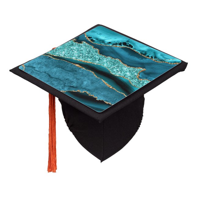 Teal Blue Gold Turquoise Graduation Cap Topper (Angled)