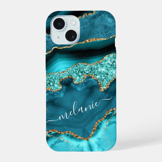 Teal Blue Gold Turquoise iPhone Case Custom Name (Back)