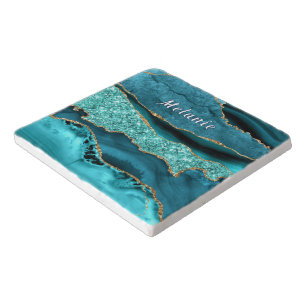 Teal Blue Gold Turquoise Marble Trivet Custom Name