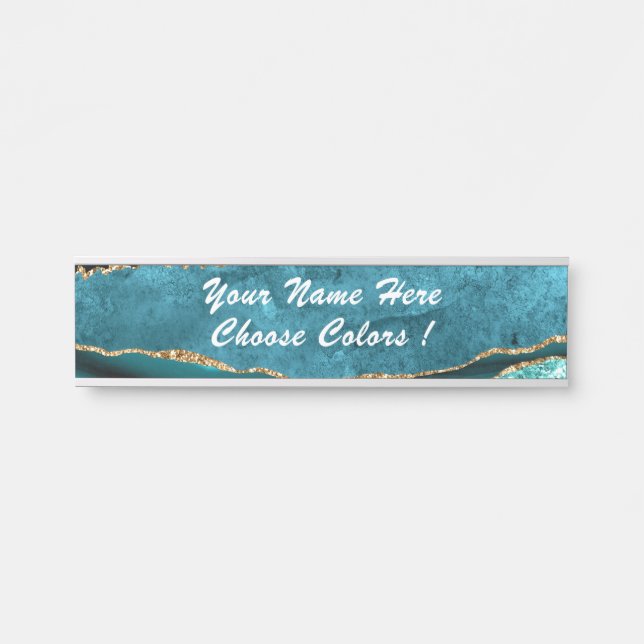 Teal Blue Gold Turquoise Your Name Text Door Sign (Front)