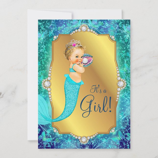 Teal Blue Gold Under The Sea Baby Shower Invitation (Front)