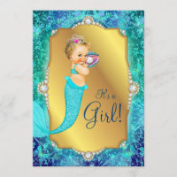 Teal Blue Gold Under The Sea Baby Shower Invitation