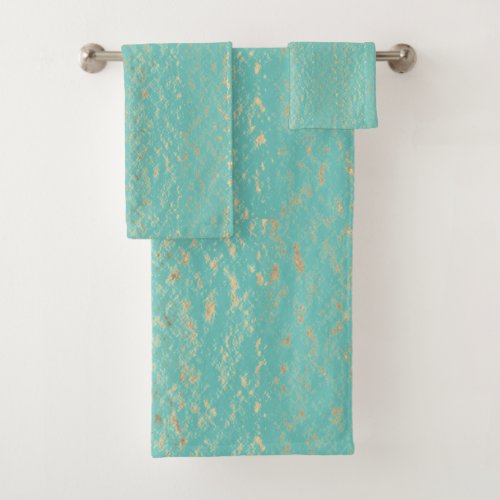 Teal Blue Gold Vintage Glittery Sparkle Patterns Bath Towel Set