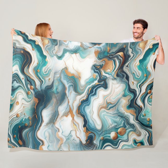 Teal Blue Gold White Modern Marble Agate  Fleece Blanket (In Situ)