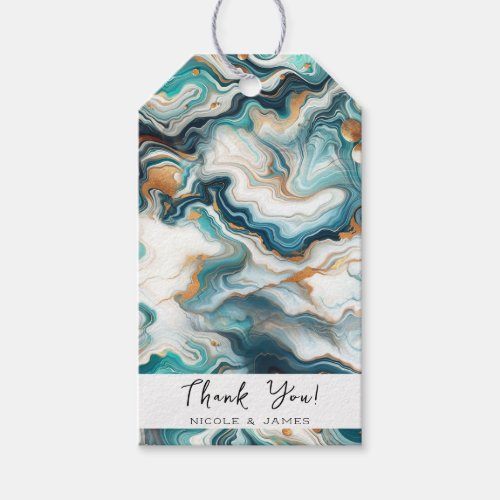 Teal Blue Gold White Modern Marble Agate Wedding Gift Tags