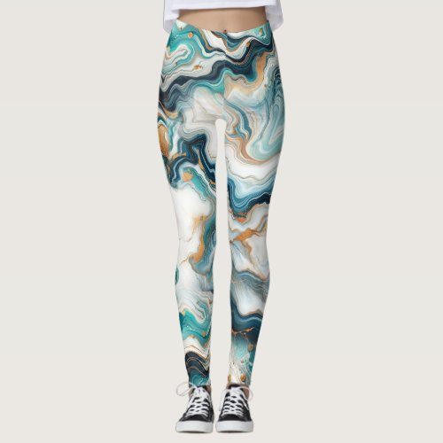 Teal Blue Gold White Modern Marble Agate Wedding Leggings