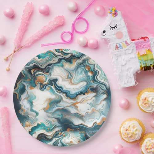 Teal Blue Gold White Modern Marble Agate Wedding Paper Plates