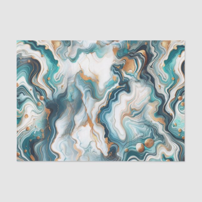 Teal Blue Gold White Modern Marble Agate Wedding Tissue Paper (Front)