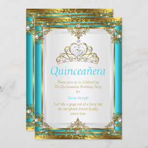 Teal Blue Gold White Pearl Princess Quinceanera Invitation
