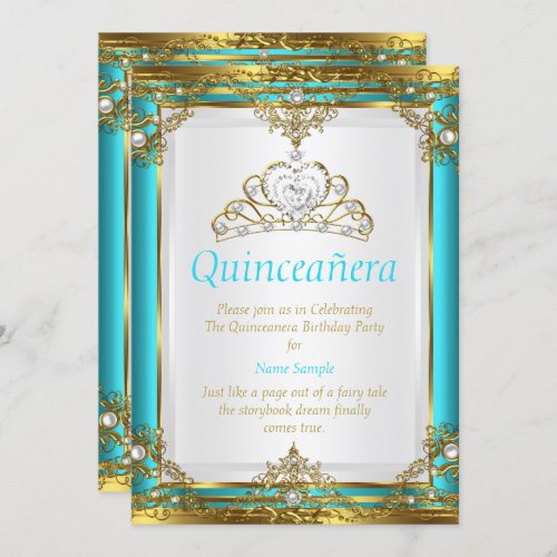 Teal Blue Gold White Pearl Princess Quinceanera Invitation
