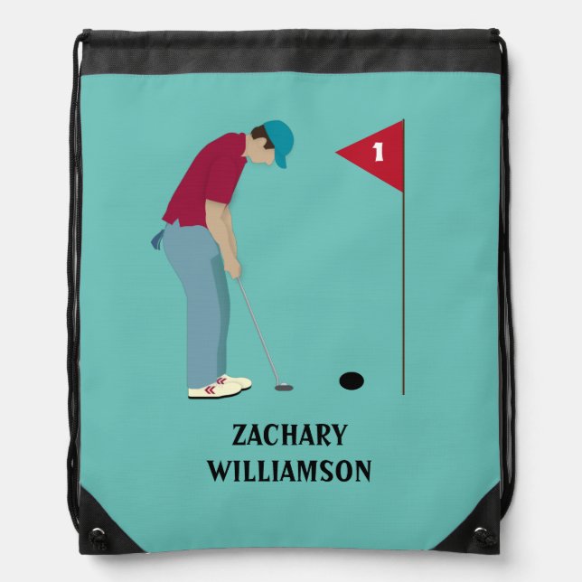 Teal Blue Golfer Themed Drawstring Bag (Front)