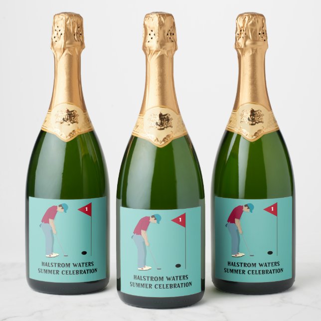 Teal Blue Golfing Themed Sparkling Wine Label (Bottles)