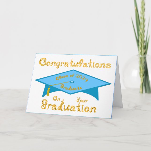 Teal Blue Grad Cap Gold Graduate Class 2024 Hat Card (Front)
