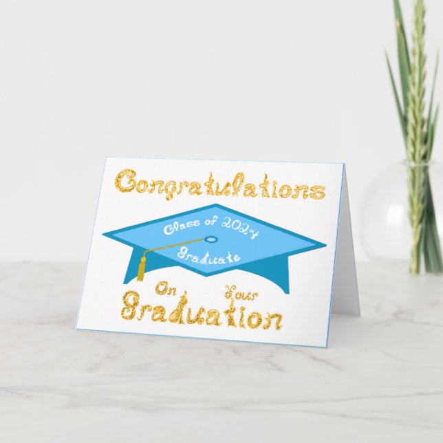 Teal Blue Grad Cap Gold White Graduate Class 2024  Card (Front)