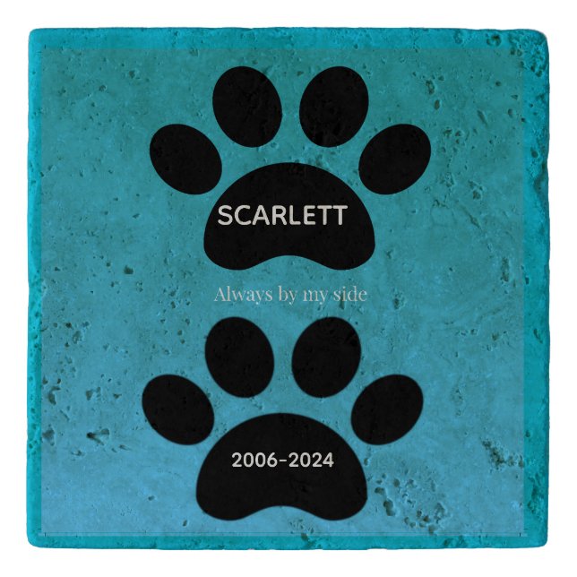 Teal Blue Gradient Paw Print Tribute Trivet (Front)