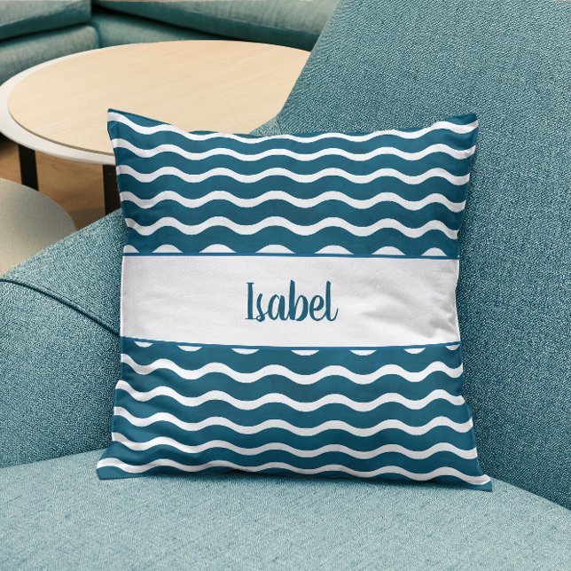 Teal Blue Gradient Waves Personalized Coastal  Throw Pillow (Teal Blue Gradient Nautical Waves Coastal Decor Throw Pillow)