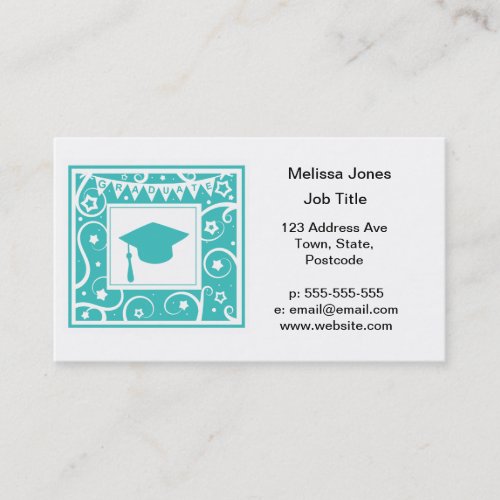 Teal blue graduate mortar board hat business card