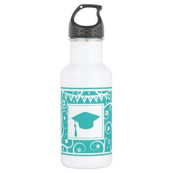 Teal Blue Graduate Mortar Board Hat Stainless Steel Water Bottle by PeachyPrints at Zazzle