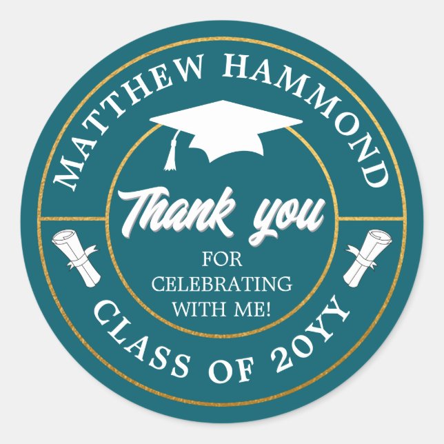 Teal Blue Graduating Class Thank You Grad Cap Classic Round Sticker (Front)