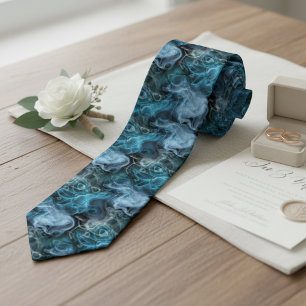 Teal Blue Gray Abstract Marbled Swirls Art Pattern Neck Tie