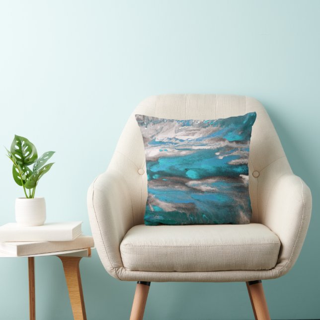 Teal Blue Gray Abstract Throw Pillow (Chair)