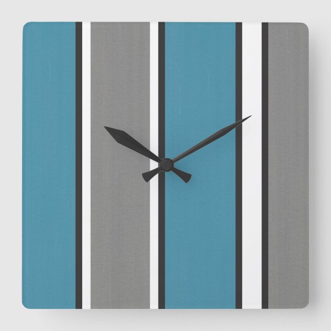 Teal Blue Gray and White Striped Modern Square Wall Clock (Front)