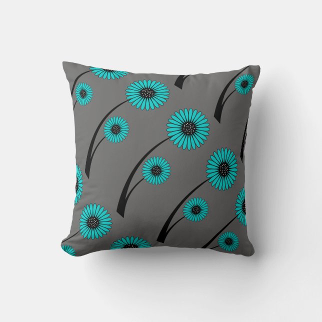Teal Blue Gray Black Floral Flowers Throw Pillow (Front)