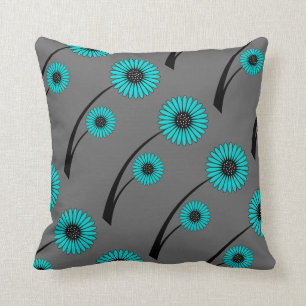 Teal Blue Gray Black Floral Flowers Throw Pillow