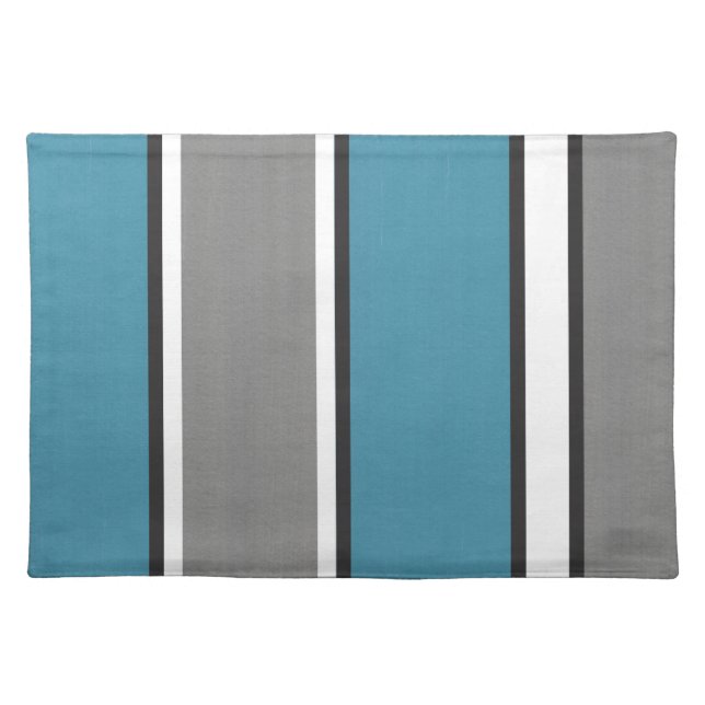 Teal Blue Gray Black White Stripes Modern Cloth Placemat (Front)