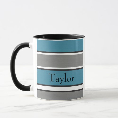 Teal Blue Gray Black White Stripes Modern Mug