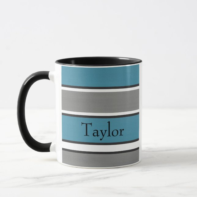 Teal Blue Gray Black White Stripes Modern Mug (Left)