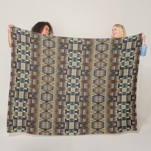 Teal Blue Gray Brown Rustic Cabin Mosaic Pattern Fleece Blanket