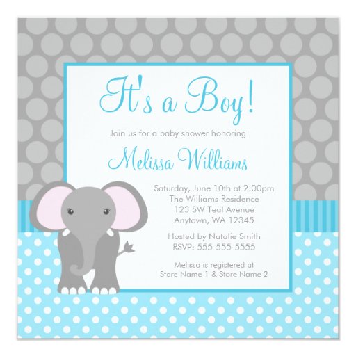 Teal Blue Gray Elephant Polka Dot Boy Baby Shower Invitation | Zazzle