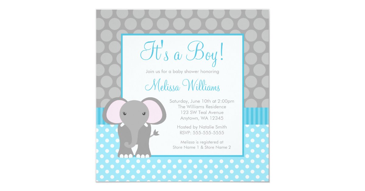 Teal Blue Gray Elephant Polka Dot Boy Baby Shower