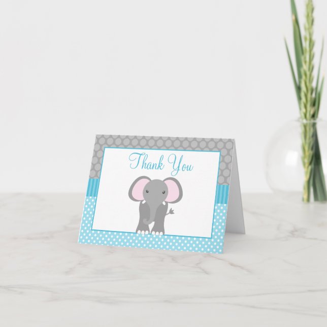 Teal Blue Gray Elephant Polka Dot Thank You Card (Front)