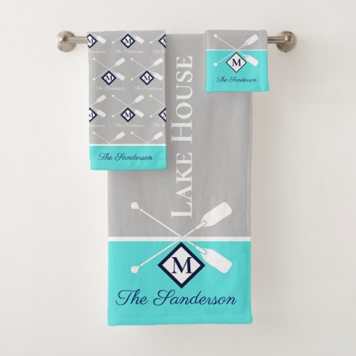  Teal Blue Gray Monogram Lake House Nautical  Bath Towel Set