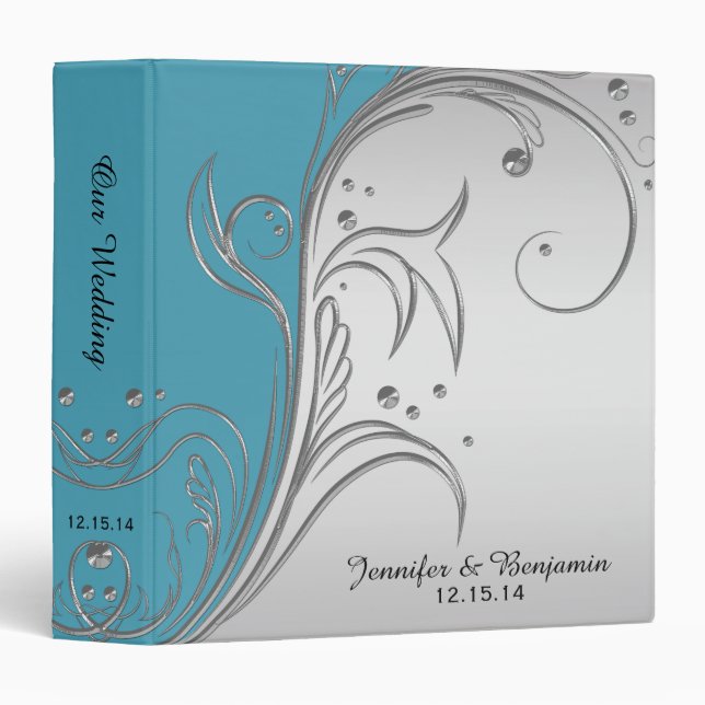 Teal Blue Gray Silver Scrolls Album 3 Ring Binder (Front/Spine)