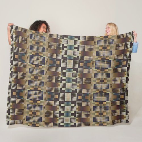 Teal Blue Gray Tan Taupe Brown Tribal Art Pattern Fleece Blanket