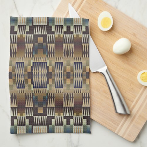 Teal Blue Gray Tan Taupe Brown Tribal Art Pattern Kitchen Towel