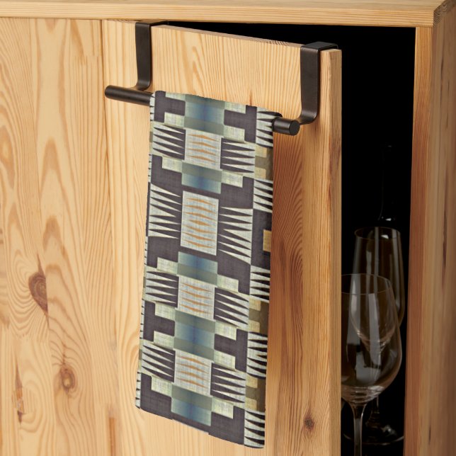 Teal Blue Gray Tan Taupe Brown Tribal Art Pattern Kitchen Towel (Thirds Fold)
