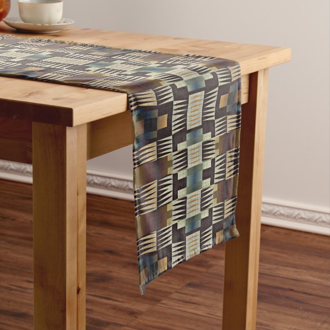 Teal Blue Gray Tan Taupe Brown Tribal Art Pattern Medium Table Runner (In Situ)