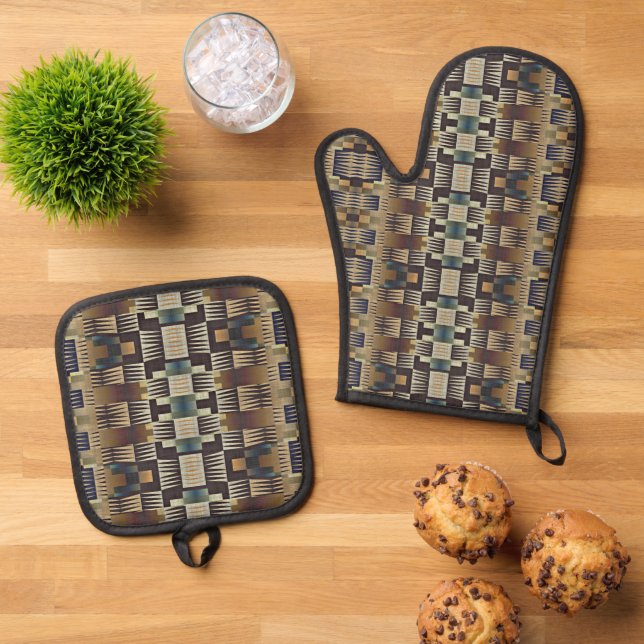 Teal Blue Gray Tan Taupe Brown Tribal Art Pattern Oven Mitt & Pot Holder Set (Top Down)