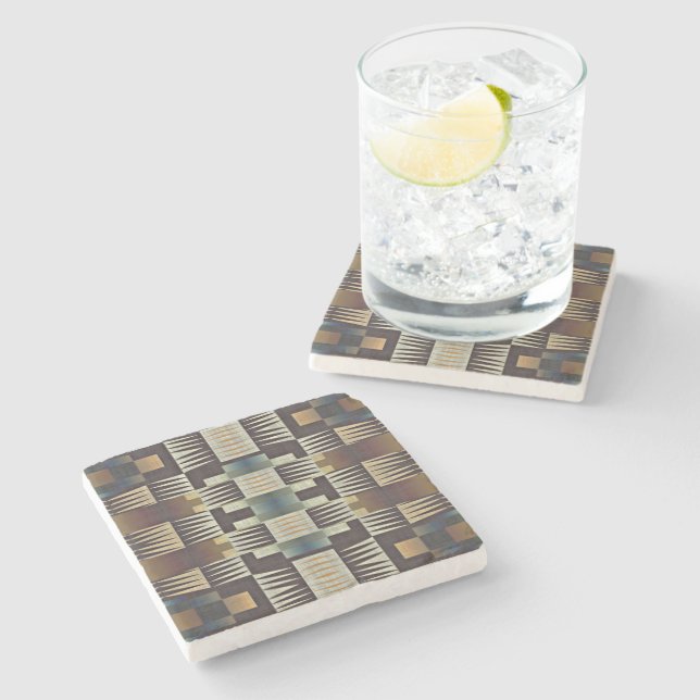 Teal Blue Gray Tan Taupe Brown Tribal Art Pattern Stone Coaster (Side)