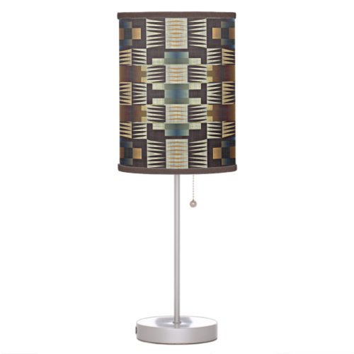 Teal Blue Gray Tan Taupe Brown Tribal Art Pattern Table Lamp