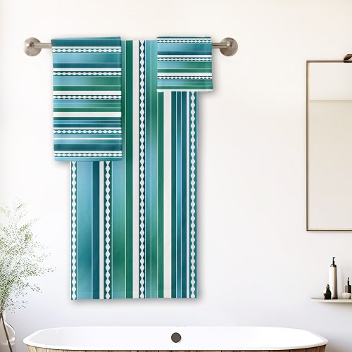 Teal Blue Green Abstract Striped Pattern Bath Towel Set