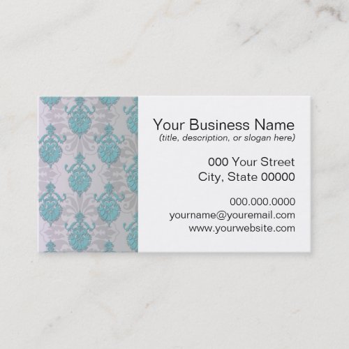 Teal Blue Green and Silvery White Damask Business Card Template