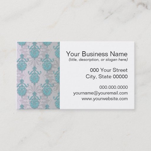 Customizable Teal Blue Green and Silvery White Damask Business Card Template
